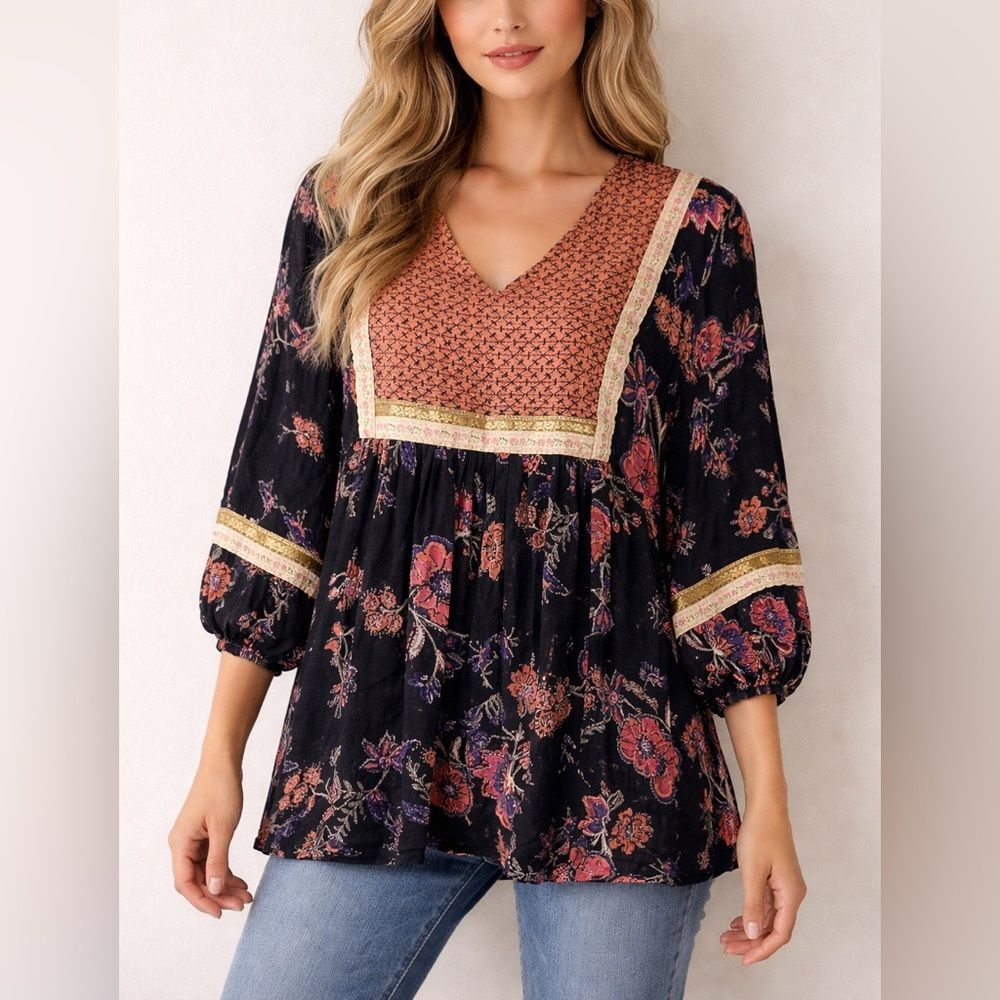 RD KoKo Anthropologie Navy Peach BoHo Floral  Baby Doll Peasant  Flowy Small